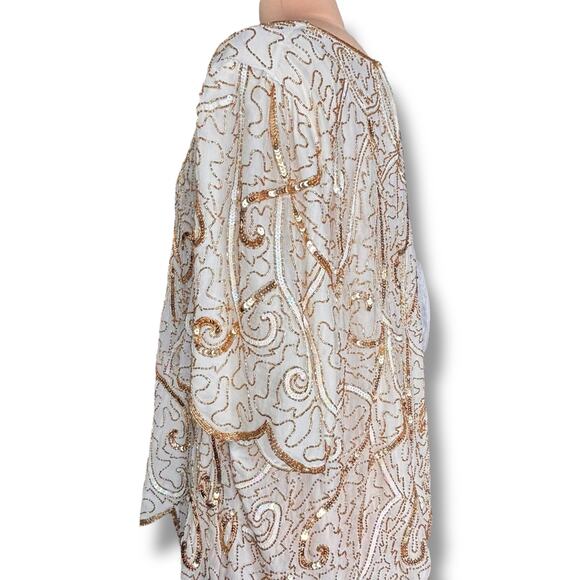 Vintage 90s Beaded Silk Top Metallic Sequin Gold White Evening Blouse Plus Size - Picture 6 of 13